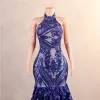 2024 Cascading Ruffles Royal Blue Sereia Vestidos de Baile Lantejoulas Lace Flores Halter Neck Backless Longo Mulheres Vestidos de Festa de Noite Custom Made BM3507