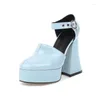 Sandales PU Cuir Verni Bout Rond Deux Pièces Chaussures Femme Bleu Rose Pompes Talons Noirs Plate-Forme Filles Chunky Sabot À Talons Hauts