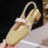 Tofflor Fashion Solid Color Sandals Women Baotou Medium Tjock Heel Gentle Belt Buckle Bekväma Single Shoes Women's 231207