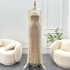 Luxurious Arabic Abaya Champagne Gold Evening Dresses With Cape Beadings Pearls Sheath Women Occasion Formal Gowns BC16805