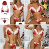 Seksi Set Noel Baba Listerie Lady Christmas Red Veet Kabarık Bikini Setleri Bra G String Thong Şapkası 3pcs Bandaj Tüylü Egzotik 231129 DR OTE69