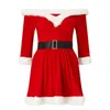 Robes décontractées Noël Rouge Fête Femmes Hiver Santa Cosplay Peluche Garniture Patchwork Hors Épaule 3/4 Manches Mini Robe