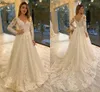 Glamourosa renda appliqued mangas compridas uma linha vestidos de casamento com decote em v vestidos de noiva sem costas plus size tribunal trem inverno formal vestido de casamento vestidos de novia cl3011