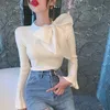 Women's Knits Tees Ezgaga Ribbon Bow Collar Women Elegant Sweater Pullover Korean Chic Slim Knitted Jumper Flare Long Sleeve Office Lady Base 231207