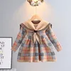 Robe pull à carreaux pour filles de 0 à 7 ans, pull chaud avec nœud tricoté, Style collégien, vêtements pour enfants, automne hiver 2023, 231207