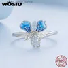 Solitaire Ring WOSTU 925 Sterling Silver Big Blue Iris Flower Open Ring Women Luxury Opal Zircon Stackable Statement Rings Wedding Party Gift YQ231207