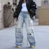 Женские джинсы 2023, стиль сафари, разрез на шнурке, эластичная резинка на талии, джинсовые брюки с несколькими карманами, INS, модный ремень