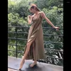 Robes décontractées sans manches Spaghetti Strap Robe Sexy Col V-Col Slit Long Summer Femmes Robe Feminino Coréen Simple One Piece