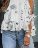 Blusas femininas estampa floral plissado hem manga dividida topo beading feminino verão primavera flor blusa topos sexy oco para fora