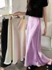 Skirts Elegant Women's Skirts High Waist Silk Satin A-line Skirt Lady Fashion Solid Color Purple Long Skirts for Women Fashion 231207