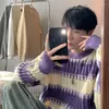 Men's Sweaters Patchwork Striped Knitted Sweater Blue Pullovers Punk Male Oversize Korean Streetwear Hip Hop