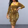 Casual Dresses Women Spring Dress Sparkling Sequin V-hals Mini för Slim Belted midja 3/4 ärmar Party Ready Spring/Autumn Fashion