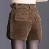 Shorts pour femmes taille haute velours côtelé automne hiver couleur unie grande taille poches a-ligne pantalon large vintage décontracté femmes vêtements