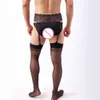 Sexy Man Kous Kant Soft Top Dij Hoge Kousen Jarretel Jarretellegordel Lingerie Mannen S Panty Bloemen See Through Panty