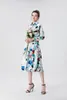 Women's Runway Designer Two Piece Dress Turn Down Collar Long Sleeves Printed Shirt with Floral Skirtw Fashion Twinset Sets