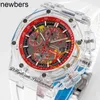 Мужские часы Ralex Audemar Pigue Watch Aebby 44 мм Aet Remould A3126 Автоматический хронограф Мужской прозрачный корпус из композитного материала Красный циферблат Белый резиновый ремешок Sup