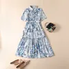 Women's Runway Dresses Turn Down Collar Short Sleeves Floral Printed Sash Belt European High Street Fashion Designer Vestidos