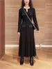 Casual Dresses Women Floral Trim Slim Black Mid-Length Dress Early Autumn 2023 Ladies Long Sleeve Single Breasted Elegant Temperament Robe