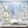 Tapestries Christmas Reindeer Tapestry Xmas Trees Moon Winter Forest Snow Scenery Year Holiday Wall Hanging Home Decor för vardagsrum 231207