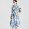 Women's Runway Dresses Turn Down Collar Short Sleeves Floral Printed Sash Belt European High Street Fashion Designer Vestidos