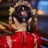 Hair Clips Red Chinese Phoenix Crown Bridal Headdress Pearl Velvet Flower Tassel National Style Xiuhe Accessories Set