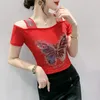 T-shirts pour femmes Marque Causal Butterfly Design Vêtements européens T-shirt Sexy Off Épaule Brillant Diamants Mesh Élégant Tops Tees Blouse