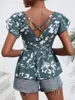 Blusas femininas finjani blusa floral estampado decote em v cruzado costas top manga borboleta babado bainha roupas 2023 verão