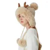 Berets 2023 Cute Fur Ball Christmas Antler Knitted Woolen Hat Winter Street Casual Women's Thickened Warm Plush Pullover Bomber Hats