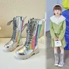 Boots Girls Autumn and Winter 2023 Kids High Unique Little Princess Plus Velvet Colorful Child Fashion Glossy Silver 231207