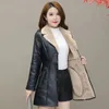 Women's Jackets Spring and Autumn style plush thick leather jacket for women medium length slim fitting fur collar 231206