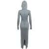 Casual Kleider Frauen Kapuze Langarm Maxi Kleid Split Mode Herbst Winter Bodycon Streetwear Grau Y2K