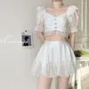 Kvinnors badkläder Summer Korean version White Slim Short Sleeve V-hals Ruffles med bröstkudde utan stålstöd Bikini Tvådelar Set