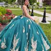 Emerald Green Shiny Ball Gown Beaded Quinceanera Dress Princess Corset Dresses Appliques Lace Vestidos De 15 Anos