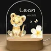 Dekorativa föremål Figurer Personlig Baby Birth Night Light Anpassad Namn Animal Elephant Lion With USB Wood Bas Lamp för sovrum Bord Rainbow Decor 231207