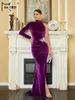 Casual Dresses Missord Purple Velvet Wedding Party Dress 2023 Women Elegant Turtleneck One Shoulder Long Sleeve Side Split Prom Evening