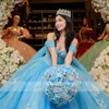 Principessa Quinceanera Blue Sky Abiti Ball 2024 Applique floreale Perline Cristalli Perle Abito da festa di compleanno Abito dolce 16