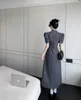 Robes de soirée mode coréenne manches bouffantes simple boutonnage cranté longue robe élégante été femmes plissées pour femme 2023