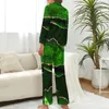 Ropa de dormir para mujer, pijamas con estampado de mármol, traje para casa informal con cuello en V verde y dorado, conjunto de 2 piezas con gráfico de manga larga a la moda