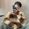 Men's Sweaters Patchwork Striped Knitted Sweater Blue Pullovers Punk Male Oversize Korean Streetwear Hip Hop