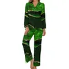 Ropa de dormir para mujer, pijamas con estampado de mármol, traje para casa informal con cuello en V verde y dorado, conjunto de 2 piezas con gráfico de manga larga a la moda