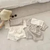 Set di abbigliamento 2024 Estate Bambino Colletto blu scuro Vestiti scozzesi Set Bambini Manica corta Top Pantaloncini 2 pezzi Vestito per ragazzi Ragazze Abiti infantili