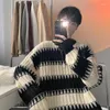 Men's Sweaters Patchwork Striped Knitted Sweater Blue Pullovers Punk Male Oversize Korean Streetwear Hip Hop