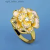 Anel Solitaire Clássico 18k Joias de Ouro Flor Dourada Anel Esmaltado Feminino Moda Zircão Flor Anel Nupcial Joias Presente Feito à Mão Esmalte Epóxi YQ231207