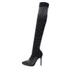 Stiefel TRILEINO Sexy Overknee-Absatz-Stripper-Schuhe Oberschenkel-Damen-High-Fashion-Kristall-Stretch-Stoff-Sockenstiefel Spitzschuh