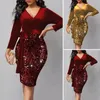 Casual Dresses Women Spring Dress Sparkling Sequin V-hals Mini för Slim Belted midja 3/4 ärmar Party Ready Spring/Autumn Fashion