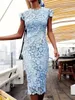 Casual Dresses Women Party Dress Plus Size Round Neck Pencil Solid Color Blue Lace Hollow Out Light Sheath Sexy