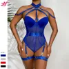 Costume sexy Tuta sexy Pizzo Blu Halter Biancheria intima da donna Crotchless Bondage Teddies Catsuit erotica Lingerie Costumi porno