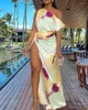 Casual Dresses Tie Dye Print Skew Neck High Slit Maxi Dress Women Summer Sexig lång golvlängd Kvällsfest