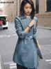 Women's Jackets Lautaro Spring Autumn Classy Blue Faux Leather Trench Coat for Women Belt Elegant Luxury Designer Clothes Runway Fashion 231207