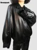 Damenjacken Nerazzurri Frühling Herbst Übergroßes cooles, hübsches schwarzes Pu-Leder für Frauen mit Raglan-Langarm-Unisex-Kleidung 2023 231206